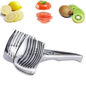1pc Tomato Lemon Slicer Holder, Round Fruits Onion Shredder Cutter Guide Tongs With Handle, Stainless Steel Kitchen Cutting Potato Lime Food Stand (Items: Slicer)